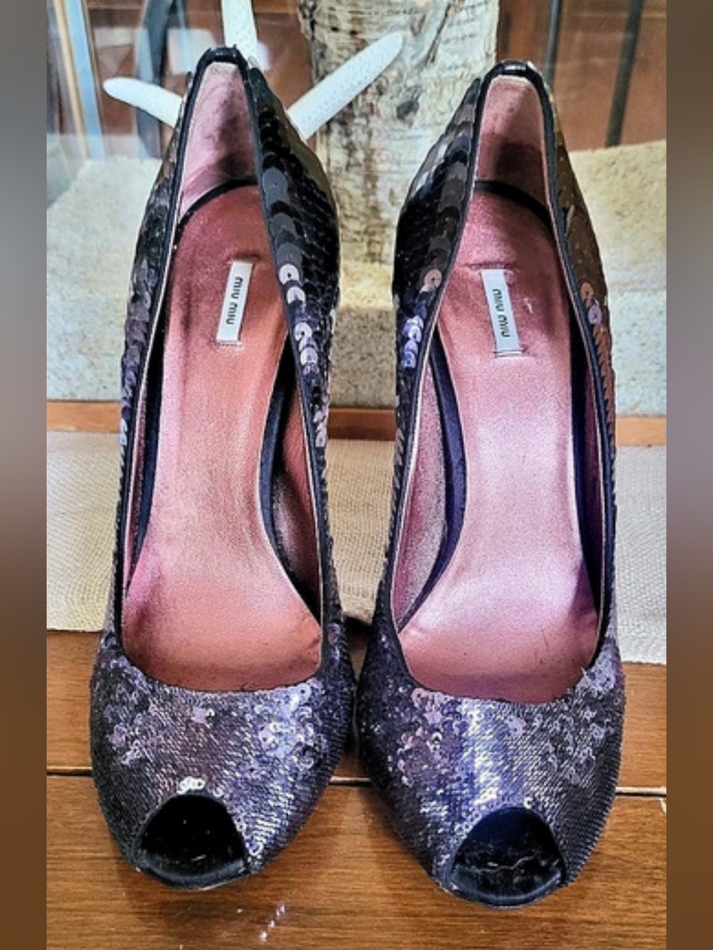 Miu Sequin Peep Toe Heels in Purple EU 40